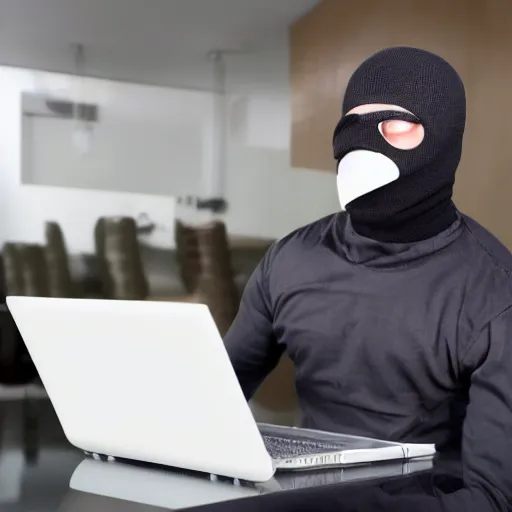 Image similar to Stock photo of a human burglar wearing a ski mask using a pizza box like a laptop, funny, bizzare