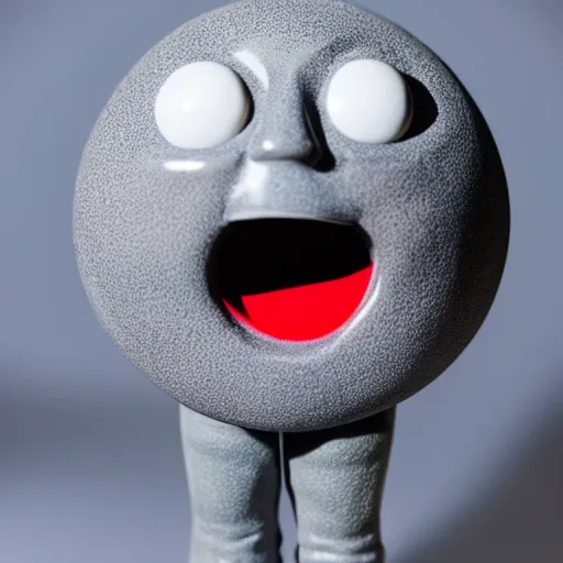 Prompt: photo of plastic painted toy figurine collectible grey moon with creepy smiling face with large craters with hands standing on legs in sneakers