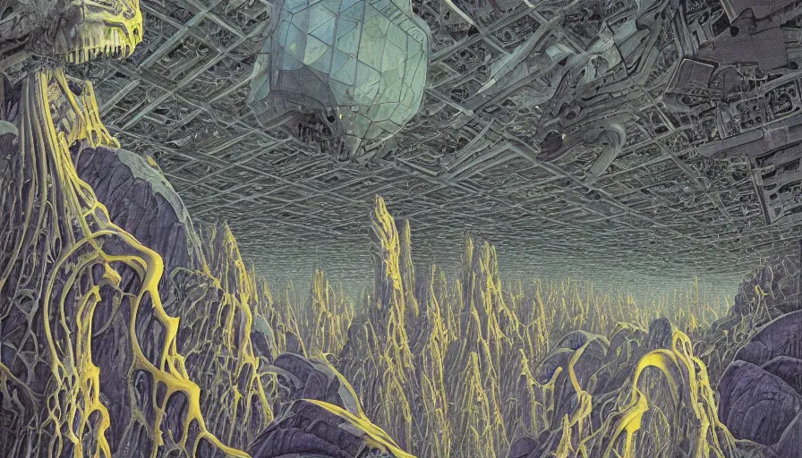 Prompt: the depths of a vast artificial world with massive towering pillars holding the ceiling of the artificial, mechanical realm up, detailed, cobalt coloration, energetic beings patrolling, extreme depth, wayne barlowe and mc escher collaboration, abyss, colossal hovering machine automations of brutalist design visible in the foreground