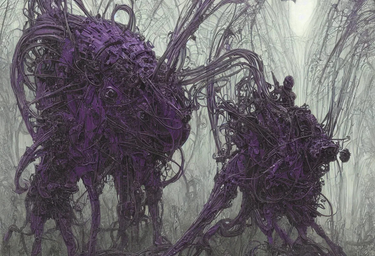 Image similar to an enormous purple and black symmetrical insectoid being with many compound eyes descending on earth, by daniel - by greg rutkowski and raymond swanland hr giger and zdzislaw beksinski and alphonse mucha and moebius, matte painting, hyperdetailed, symmetry, art nouveau, beautiful render, concept art