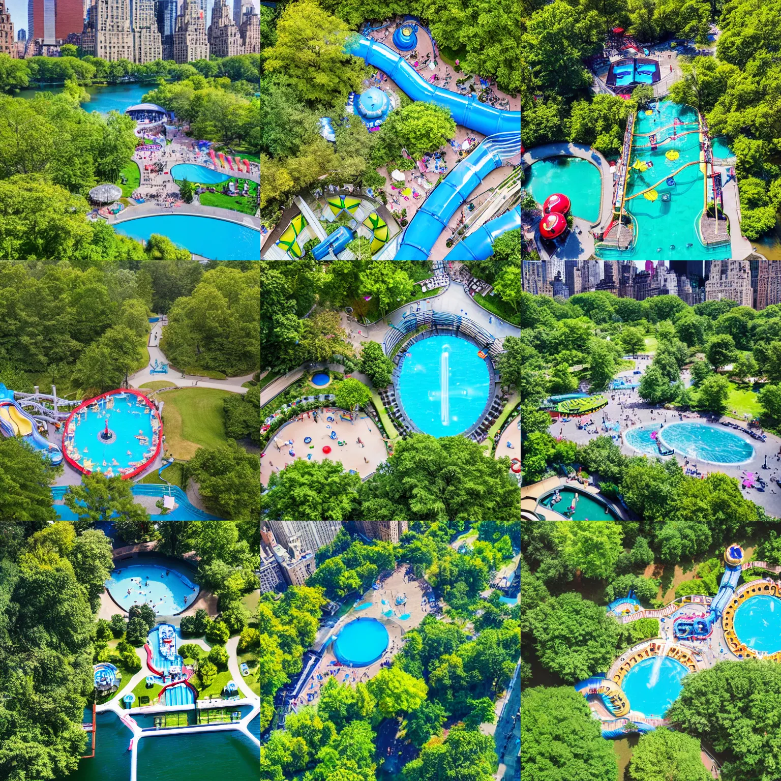 Prompt: a drone photo of a water park in the middle of central park, new york city