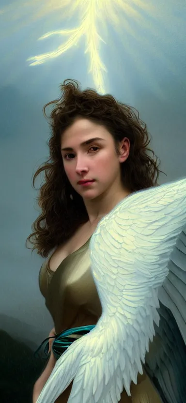 Image similar to angel, big wings, hudson river school, low key light, full plate armor with cloth, f 1 6, bokeh, extreme close up portrait, gentle, female, snowy mountain, storm clouds, god rays, landscape, d & d, fantasy, elegant, teal pink white gold color palette, concept art, artgerm and greg rutkowski and alphonse mucha