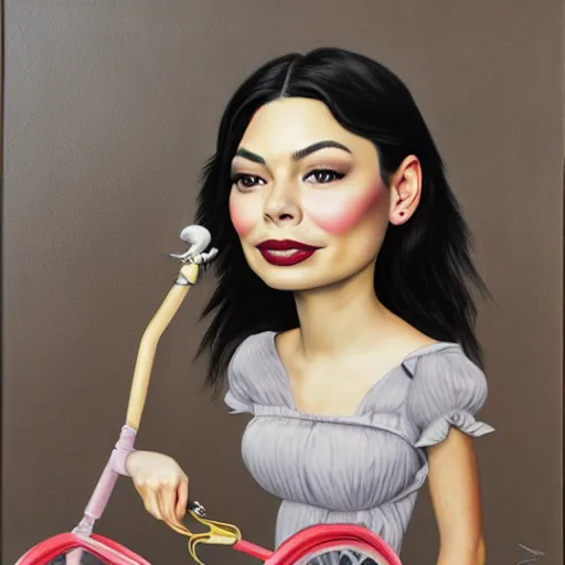 Image similar to Miranda Cosgrove on a tricycle, lowbrow painting by Mark Ryden and Artgerm