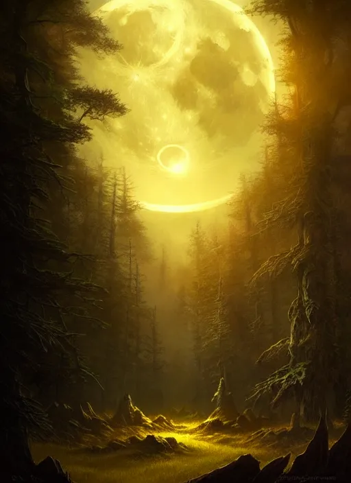 Image similar to fantasy book cover, full moon, fantasy forest landscape, golden vector elements, fantasy magic, dark light night, intricate, elegant, sharp focus, illustration, highly detailed, digital painting, concept art, matte, art by greg rutkowski and Artgerm and Albert Bierstadt, masterpiece