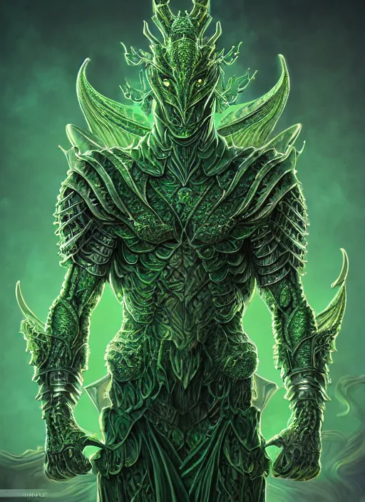 Image similar to muscular and tall green ghostly fire humanoid dragon!!!! draconian!! intricate ornate iridescent heavy armor!! character concept art, sharp focus, octane render! unreal engine 5! highly rendered!! trending on artstation!! detailed linework!! illustration by artgerm, wlop, and chie yoshii