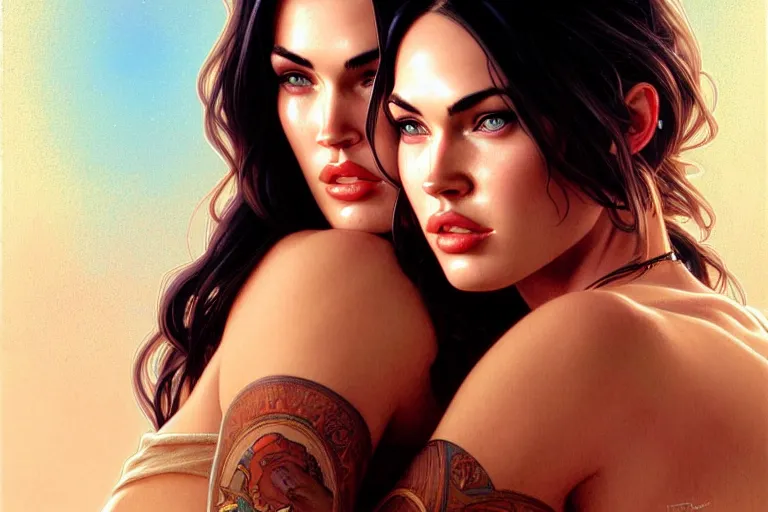 Image similar to portrait of megan fox kisses with a blonde woman, lesbian kiss, intricate, headshot, highly detailed, digital painting, artstation, concept art, sharp focus, cinematic lighting, illustration, art by artgerm and greg rutkowski, alphonse mucha, cgsociety