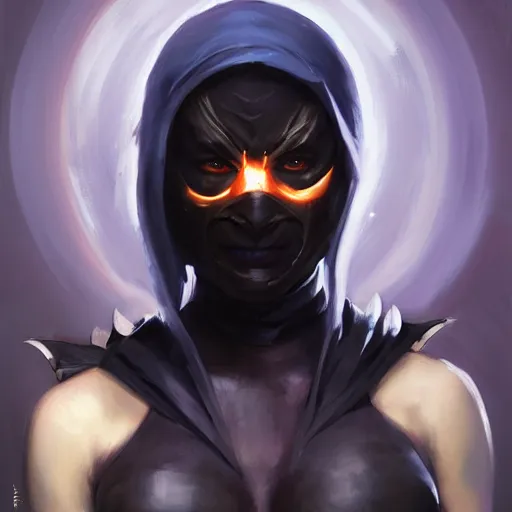 Image similar to greg manchess portrait painting of jade from mortal kombat a dark elf with glowing eyes wearing a mask covering her mouth as overwatch character, medium shot, asymmetrical, profile picture, organic painting, sunny day, matte painting, bold shapes, hard edges, street art, trending on artstation, by huang guangjian and gil elvgren and sachin teng