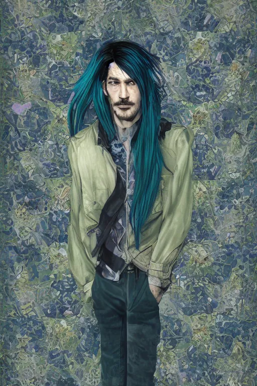 Image similar to portrait of a man with cracked thick skin. dark blue-green hair, dark flower pattern wallpaper background, high detail, by Eddie Mendoza