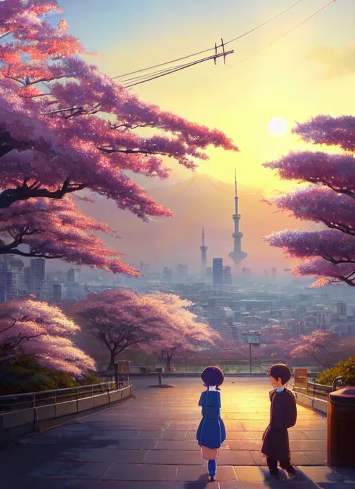 Image similar to a wholesome animation key shot, tokyo city in the background, cherry blossoms in the foreground, studio ghibli, pixar and disney animation, sharp, rendered in unreal engine 5, anime key art by greg rutkowski, bloom, dramatic lighting