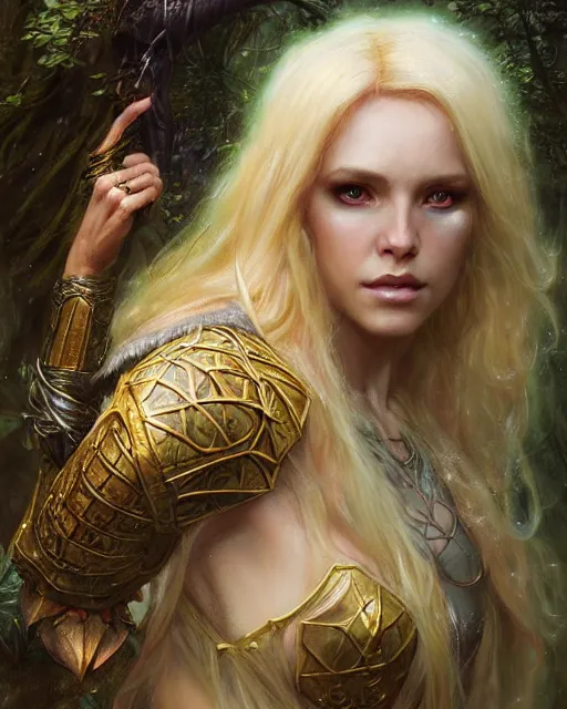 Prompt: blonde sorceress with a cloak and fantasy armor casting a spell in the forest, fantasy character portrait, ultra realistic, concept art, intricate details, highly detailed by greg rutkowski, gaston bussiere, craig mullins, simon bisley