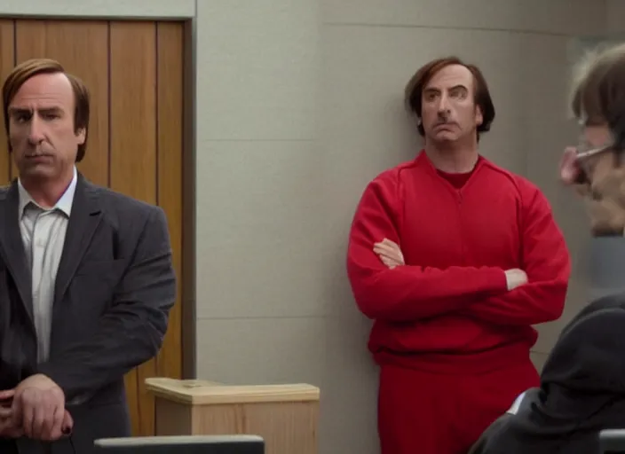 Image similar to saul goodman defending elmo in court, still from better call saul, shot by wes anderson, symmetrical shot, beautiful shot