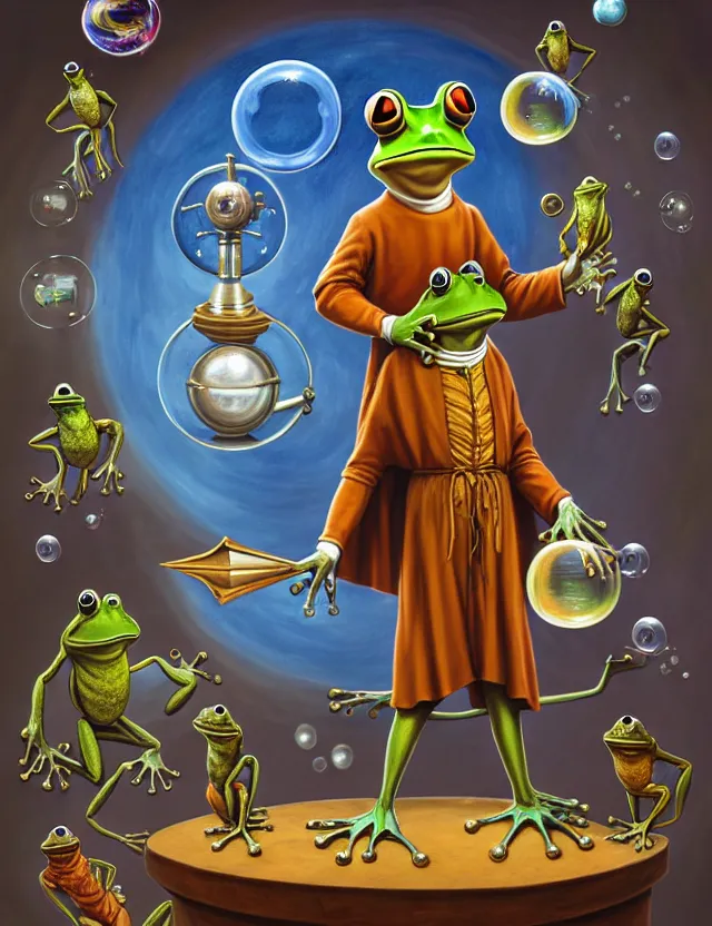 Prompt: anthropomorphic bipedal frog that is dressed as a medieval librarian, and holding a giant telescope, as a matte oil painting and d & d character art, by alex grey, standing, fullbody, floating bubbles, loose gears, concept art, award - winning, extremely detailed, sharp focus