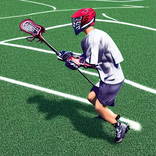 Image similar to lacrosse player, soccer field, cascade helmet, realistic, running, very detailed, 8k, high resolution, ultra realistic, no grain, symmetry, normal proportions, sports illustrated style, Cascade XRS Custom Lacrosse Helmet, brine lacrosse stick, Brine Lacrosse King V Gloves, normal feet, Nike Alpha Huarache 7 Elite, STX Surgeon 700 Lacrosse Arm Guards