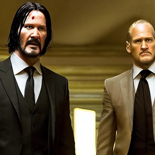 Image similar to john wick with woody harrelson ’ s face