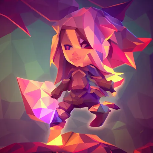 Prompt: low poly, high resolution textures, hide geometry, smooth shadows, isometric view, 1 6 bit colors, made in blender, chibi girl, volumetric lighting, fantasy, hyper realistic, by riot games artist, from league of legends, backlit