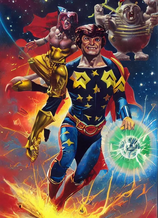 Image similar to full body and head portrait of javier badren as galactacus, dynamic action, painted by norman rockwell and phil hale and greg staples and tom lovell and frank schoonover and jack kirby