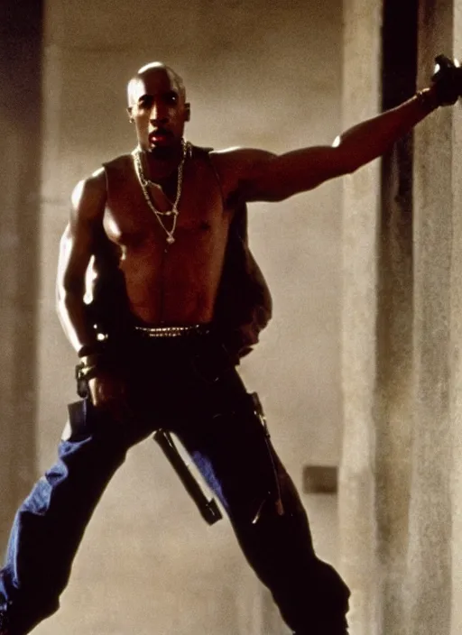 Image similar to film still of Tupac as John McClane in Die Hard, 4k