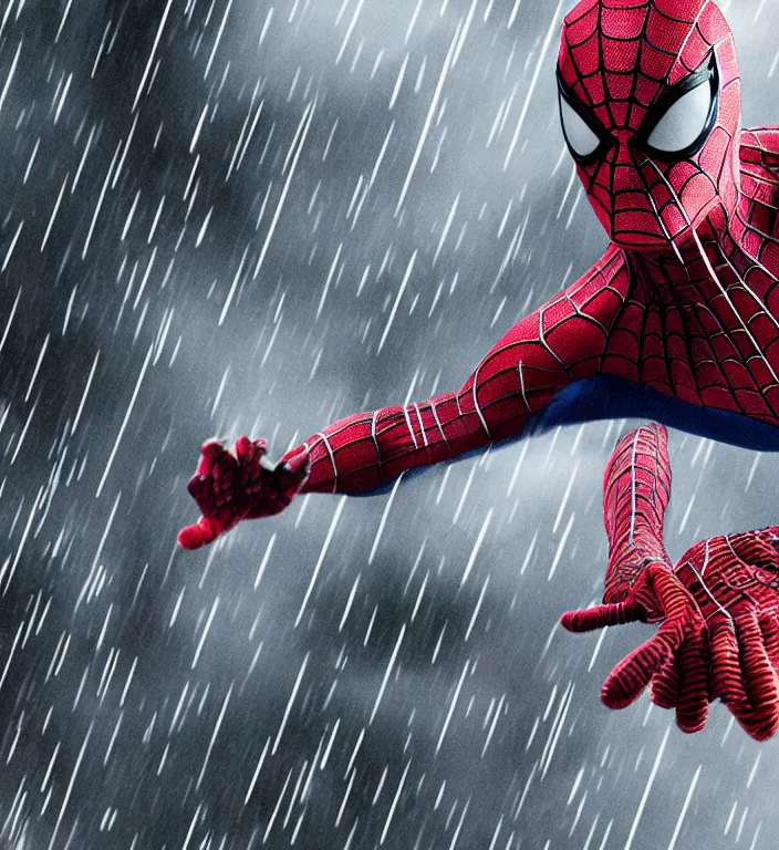 Image similar to cinematic of tobey maguire as spiderman, dramatic rain, 8 k