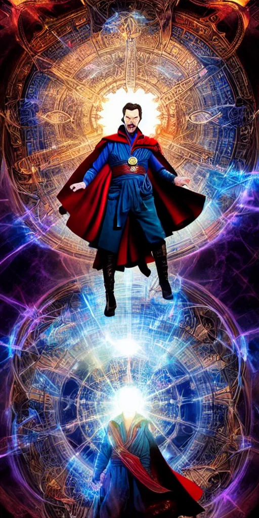 Prompt: Dr. Strange is falling through the gate to the eternal kingdom of the multiverse, magic, occult, fantasy, digital art, HD, detailed, Inception-inspired