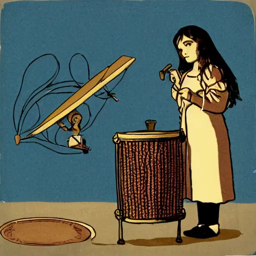 Image similar to neutral milk hotel, in the aeroplane over the sea, girl in a gown with a snare drum for a head