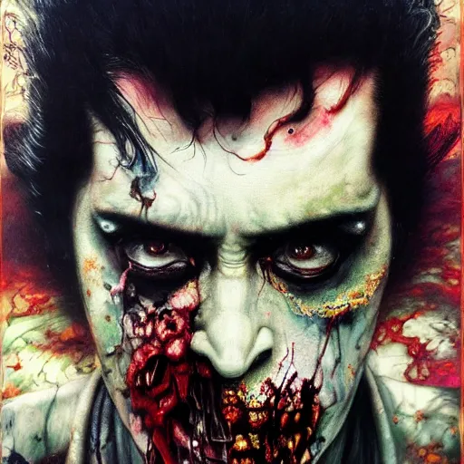 Image similar to UHD photorealistic Zombie Elvis, by Ayami Kojima, Amano, Karol Bak, Mark Brooks, tonalism, rich deep colors. Beksinski painting, art by Adrian Ghenie and Gerhard Richter. art by Takato Yamamoto. masterpiece