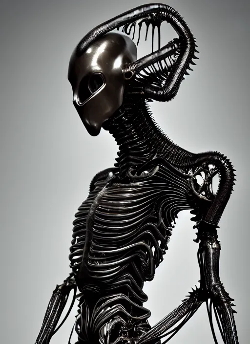 Image similar to iris van herpen gothic inflateble dark dress, perfect symmetrical body, helmet on face, full body shot, alien, plant predator, guyver, giger, wires, tubes, veins, jellyfish, white biomechanical details, wearing epic bionic cyborg implants, masterpiece, intricate, biopunk, vogue, highly detailed, artstation, concept art