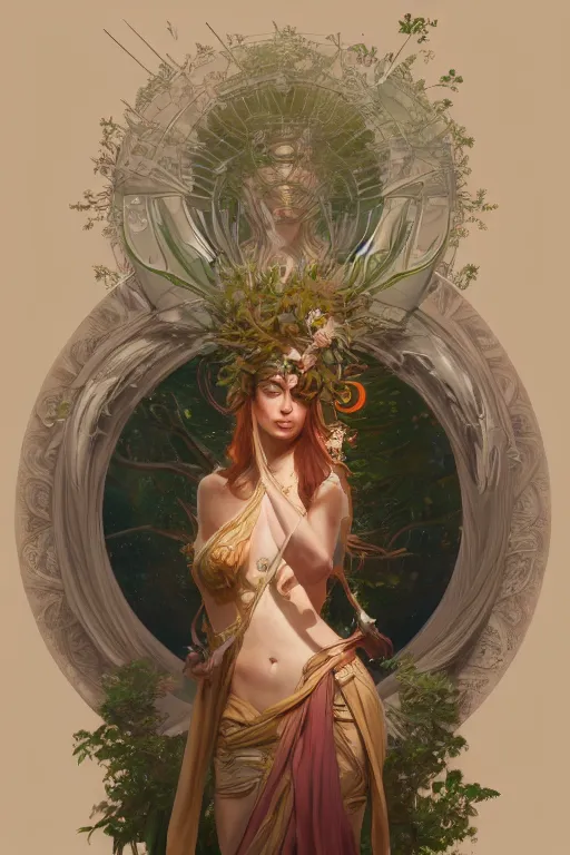 Prompt: goddess of nature, accurate anatomy, only two hands, highly detailed, digital painting, artstation, concept art, smooth, sharp focus, illustration, Unreal Engine 5, 8K, art by Ross Tran and greg rutkowski and alphonse Mucha
