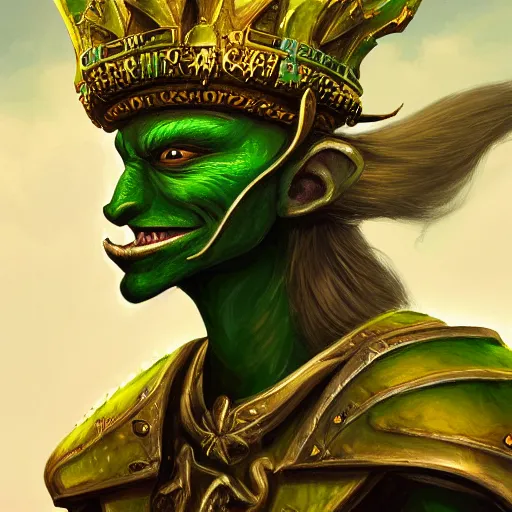 Prompt: half - length portrait of a goblin warrior. green skin, gold crown, noble. fantasy, digital painting, hd, highly detailed.