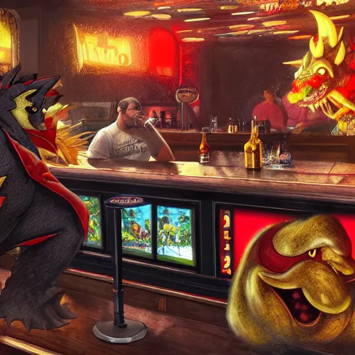 Image similar to an ultradetailed 3 d render of shadow the hedgehog and bowser sitting in a bar drinking beer, dive bar with a karaoke machine, volumetric lighting, 4 k, octane render, art by greg rutkowski and alphonse mucha and andreas rocha and albert bierstadt