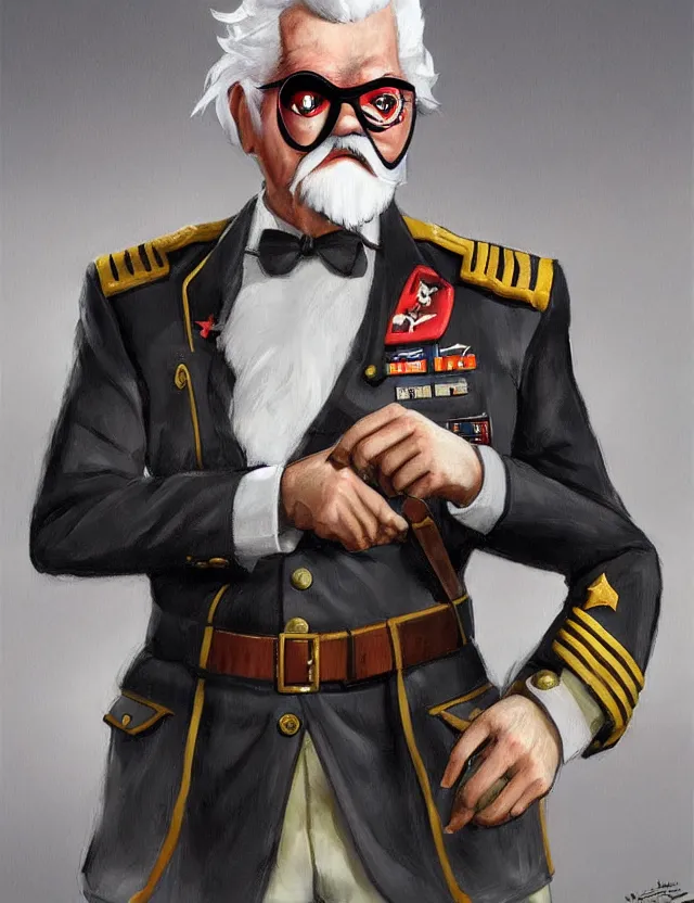 Image similar to a portrait of colonel sanders wearing a military uniform and an eyepatch, by moebius and tyler edlin and hr giger, trending on artstation, digital art, 4 k resolution, detailed, high quality, sharp focus, hq artwork, coherent, insane detail, concept art