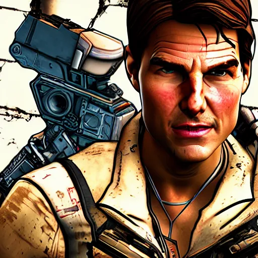 Image similar to tom cruise portrait, borderlands, tales from the borderlands, the wolf among us, comic, cinematic lighting, studio quality, 8 k