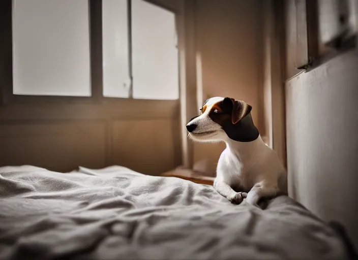 Image similar to photography of a Jack Russel . watching outside the window. on a bed. in a vintage room full of vinyls and posters.,volumetric light, photorealistic,, award winning photo, 100mm, sharp, high res