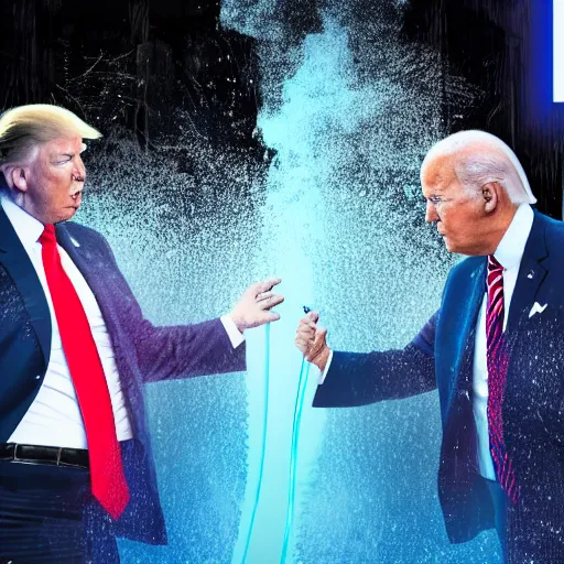 Image similar to donald trump and joe biden fighting inside of a car wash with neon lighting, 4k realistic photo