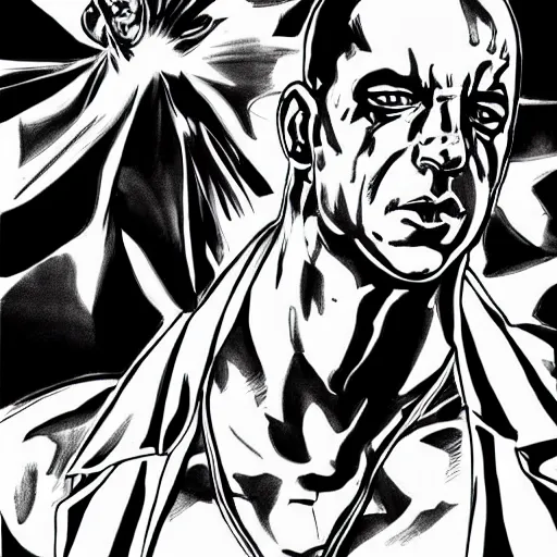 Image similar to Black and white drawing of Vin Diesel walking like a Italian model in JoJo style, highly detailed, sharp focus, anime, ArtStation, art by Hirohiko Araki