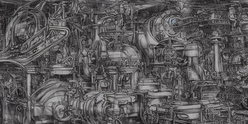 Prompt: Hissing bellows of colorful steam from the strange machine in the busy workshop. Black ink line drawing over a watercolor. Ethereal colors. 4K.