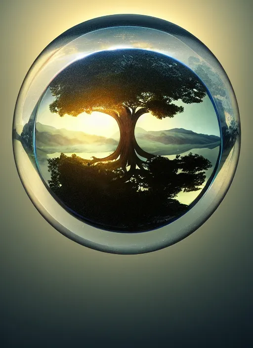 Image similar to transparent horizontally centered crystal sphere floating over a serene lake, tree of life inside the ball, intricate details, radiant light, reflections on the water, ripples, moody sky, hyperdetailed illustration by yuumei, by mark brooks, john harris, artstation, low global light, coherent composition