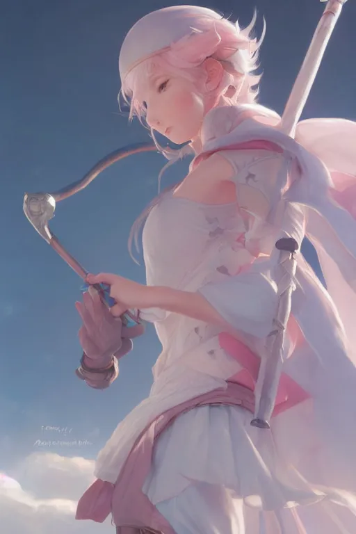 Image similar to portrait of a cute white mage girl with a staff in mage armor, soft, pink and blue, by tom bagshaw and atey ghailan and artgerm and and greg rutkowski, hyper realistic, octane render, trending on artstation