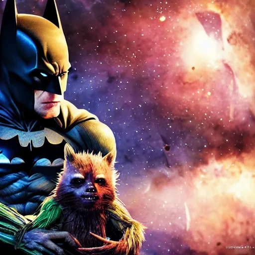 Image similar to batman meets groot in space digital art 4 k detailed super realistic