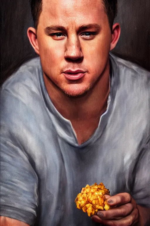 Image similar to channing tatum as a tater tot, oil on canvas, intricate, portrait, 8 k highly professionally detailed, hdr, cgsociety