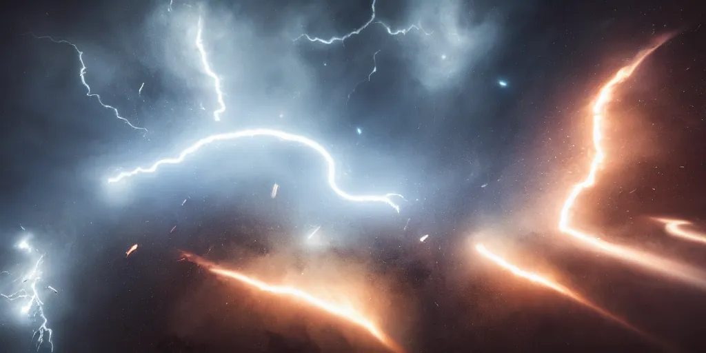 Prompt: huge space battle, lightning, moody lighting, 8 k