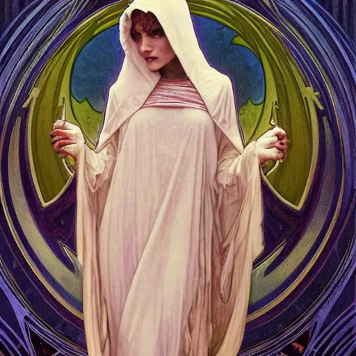 Image similar to stunning, breathtaking, awe-inspiring award-winning concept art nouveau painting of attractive Hooded figure as the goddess of the moon, with anxious, piercing eyes, by Alphonse Mucha, Michael Whelan, William Adolphe Bouguereau, John Williams Waterhouse, and Donato Giancola, cyberpunk, extremely moody lighting, glowing light and shadow, atmospheric, cinematic, 8K