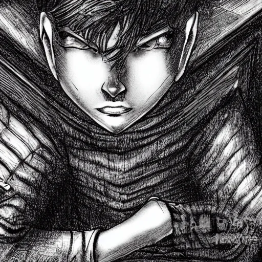 Prompt: a boy sitting on a coffin in a church, drawn by kentaro miura, digital art, highly detailed, very detailed eyes, eldritch, horror, snake eyes