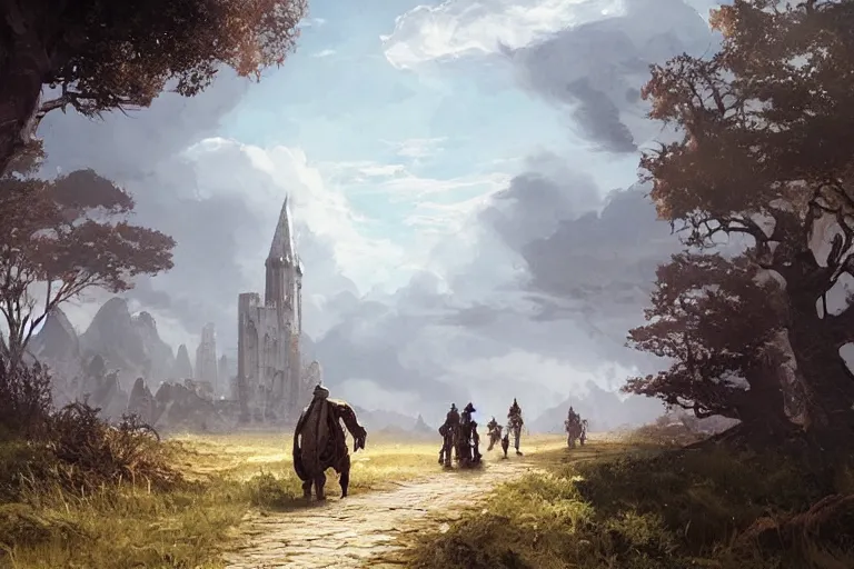 Image similar to D&D adventurers travel down the road in an open landscape, a city with a white tower is miles off in the distance, by greg rutkowski, craig mullins, andrea rocha, raphael lacoste.