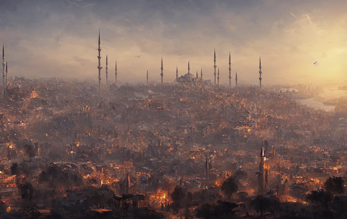 Prompt: A digital painting of a close-up view of Istanbul, by Ismail Inceoglu and Caspar David Friedrich, stunning, photorealistic, highly-detailed, 4k, ue5, light effect, rtx on, realistic, cinematic, IMAX quality, trending on artstation