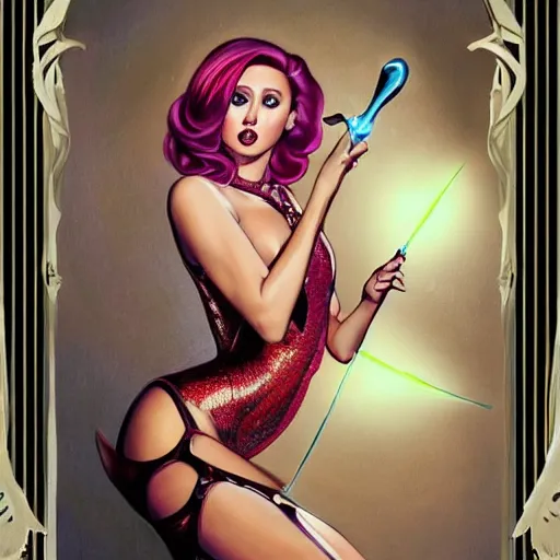 Image similar to miley cyrus dressed as jessica rabbit holding a glowing wand in one hand and a large leather bound book, fantasy, intricate, elegant, highly detailed, digital painting, artstation, concept art, matte, sharp focus, illustration, in the style of magic the gathering, art by artgerm and greg rutkowski and alphonse mucha