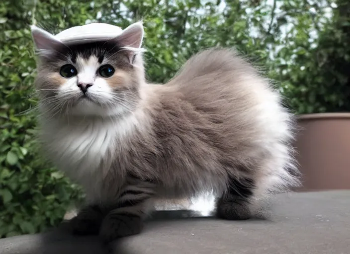 Prompt: smol fluffy cat wearing smol hat, big round cat eyes
