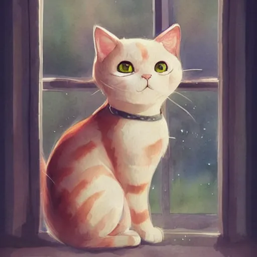 Image similar to head and shoulders masterpiece portrait of a cute adorable cat on a window sill at sunset, digital art watercolor by krenz cushart and hayao miyazaki, trending on artstation, cgsociety, rich vivid color