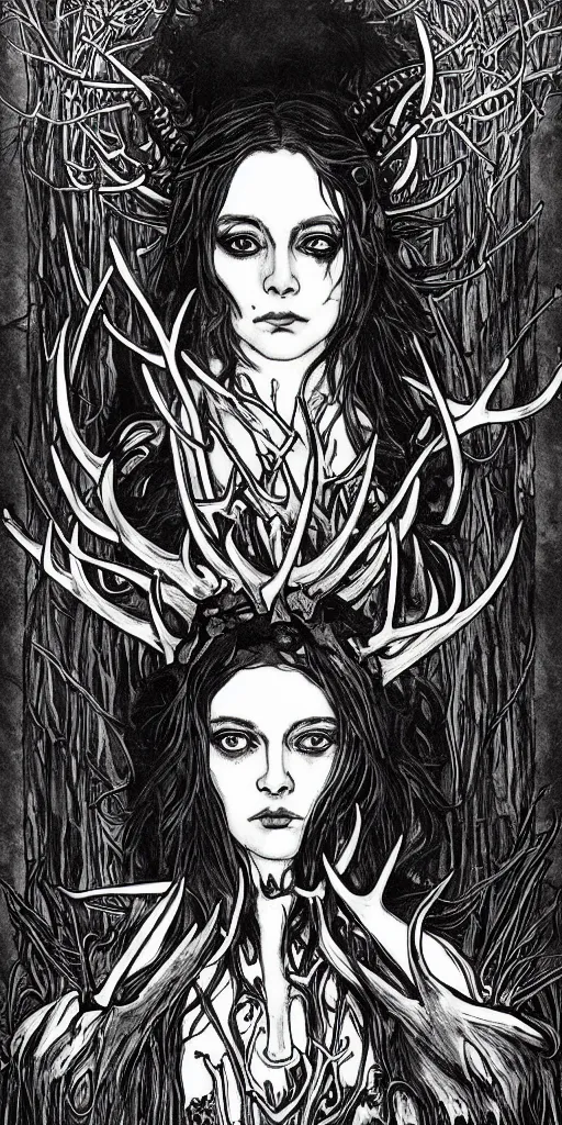 Prompt: intense glowing black metal pagan god with antlers and blood and intense glowing eyes with a goat skull in very dark forest by marco mazzoni and alphonse mucha, portrait, fantasy, clear, red and black and white, light beams, lens flare, intense, uhd, amazing depth, cinematic lighting