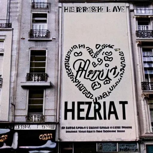 Prompt: a giant poster in 1 9 7 0 s paris that says herz inside a huge heart hq photo