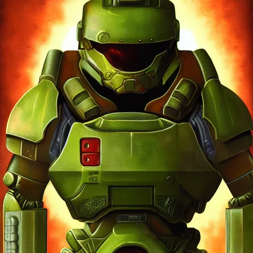 Image similar to portrait of doomguy from game doom, highly detailed, 8 k render centered, digital painting